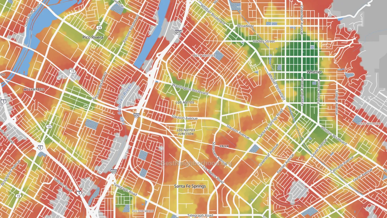 Walk Grade map of Los Neitos, West Whittier-Los Nietos, CA, walkable areas in green and car-dependent areas in red