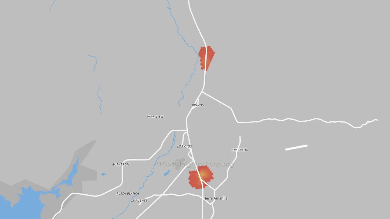 Walk Grade map of Los Ojos, NM, walkable areas in green and car-dependent areas in red