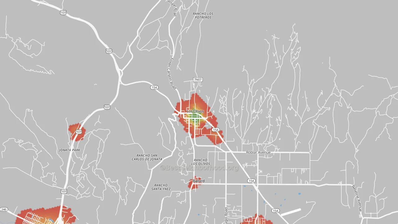 Walk Grade map of Los Olivos, CA, walkable areas in green and car-dependent areas in red