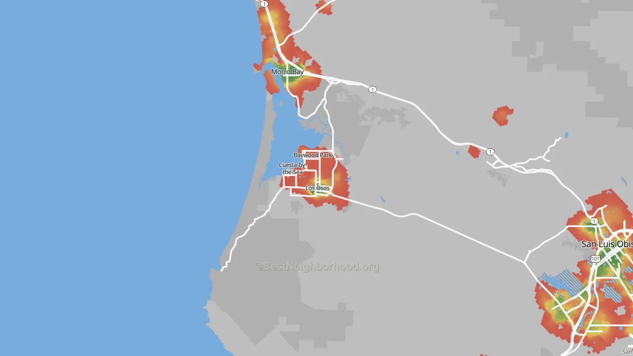 Walk Grade map of Los Osos, CA, walkable areas in green and car-dependent areas in red