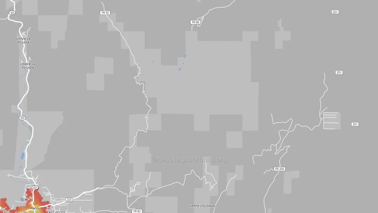 Walk Grade map of Los Pachecos, NM, walkable areas in green and car-dependent areas in red