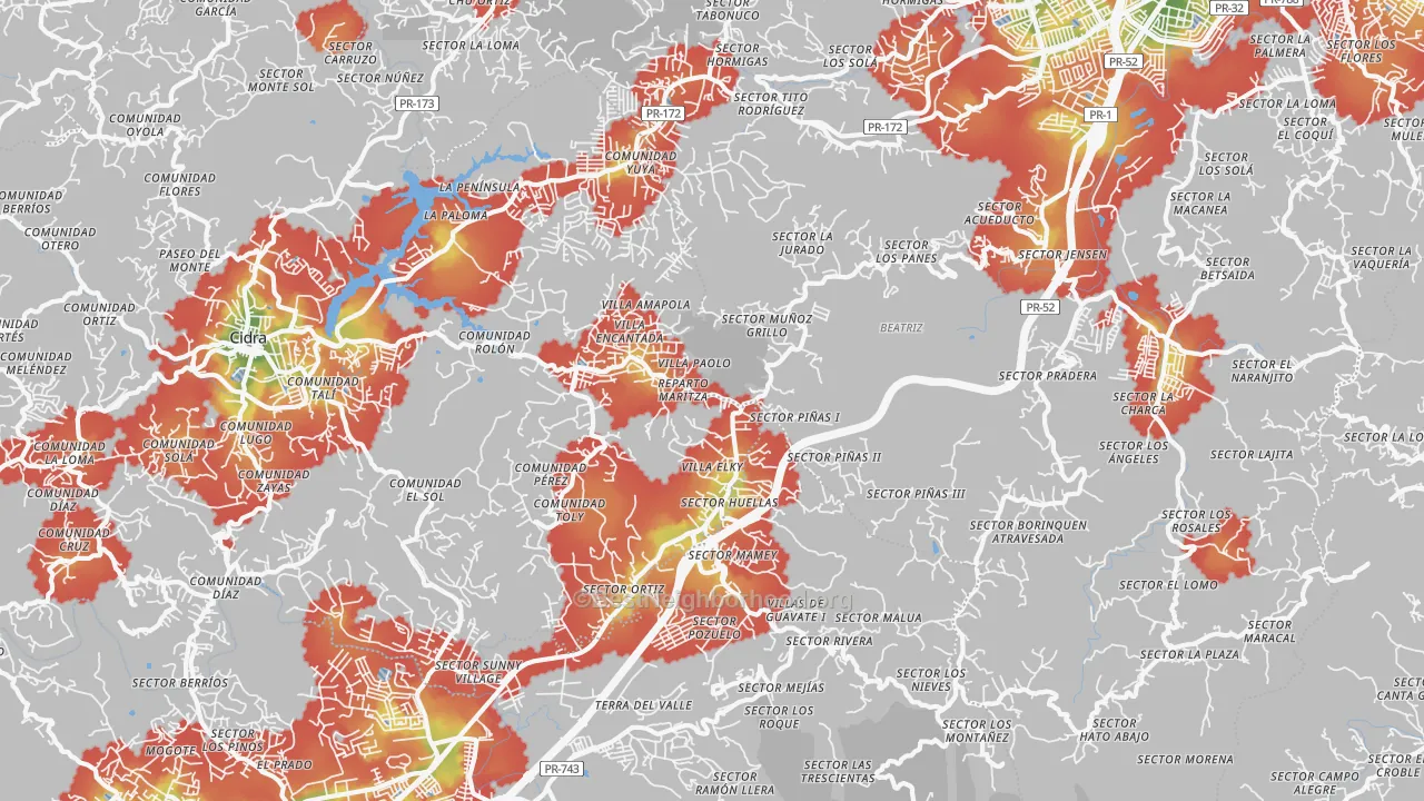 Walk Grade map of Los Panes, PR, walkable areas in green and car-dependent areas in red