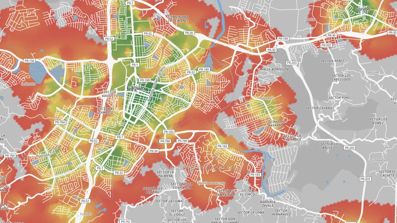 Walk Grade map of Los Prados, PR, walkable areas in green and car-dependent areas in red