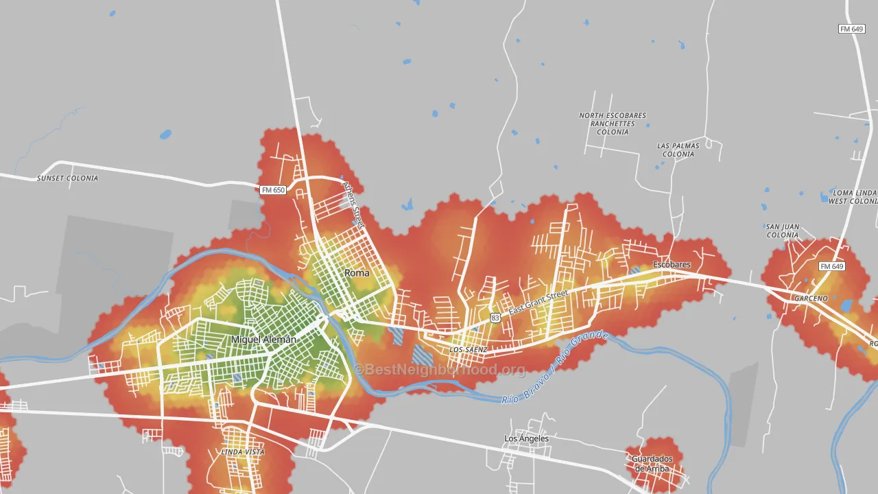 Walk Grade map of Los Saenz, TX, walkable areas in green and car-dependent areas in red