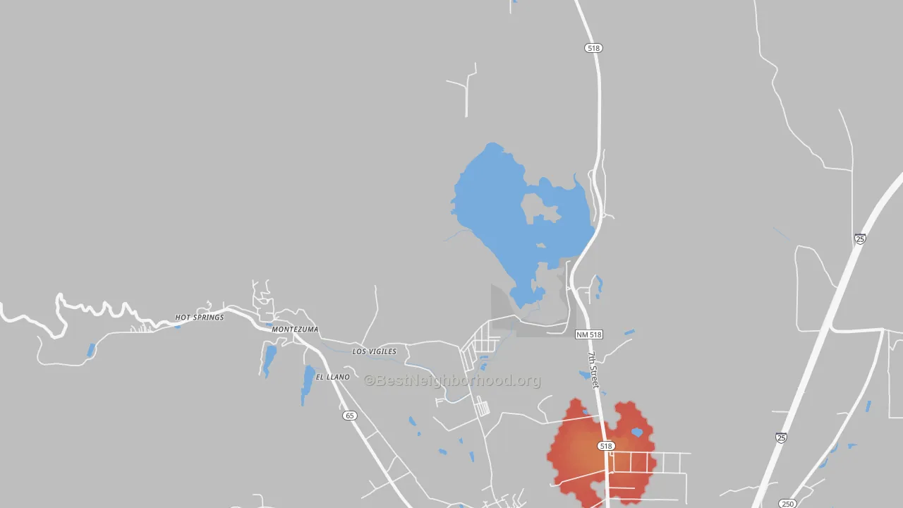 Walk Grade map of Los Vigiles, NM, walkable areas in green and car-dependent areas in red