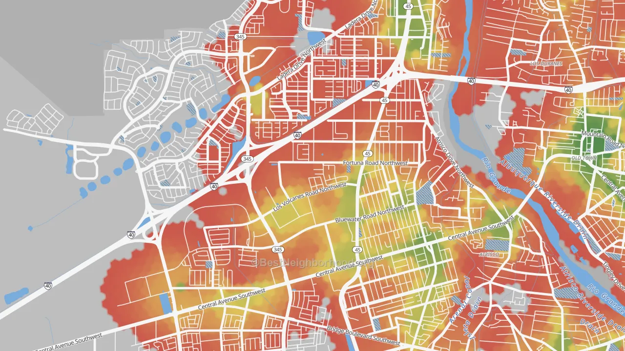 Walk Grade map of Los Volcanes, Albuquerque, NM, walkable areas in green and car-dependent areas in red