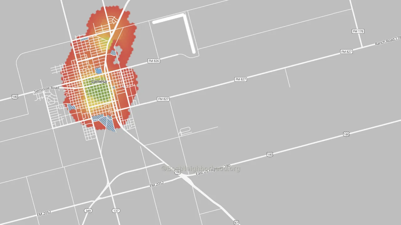 Walk Grade map of Los Ybanez, TX, walkable areas in green and car-dependent areas in red