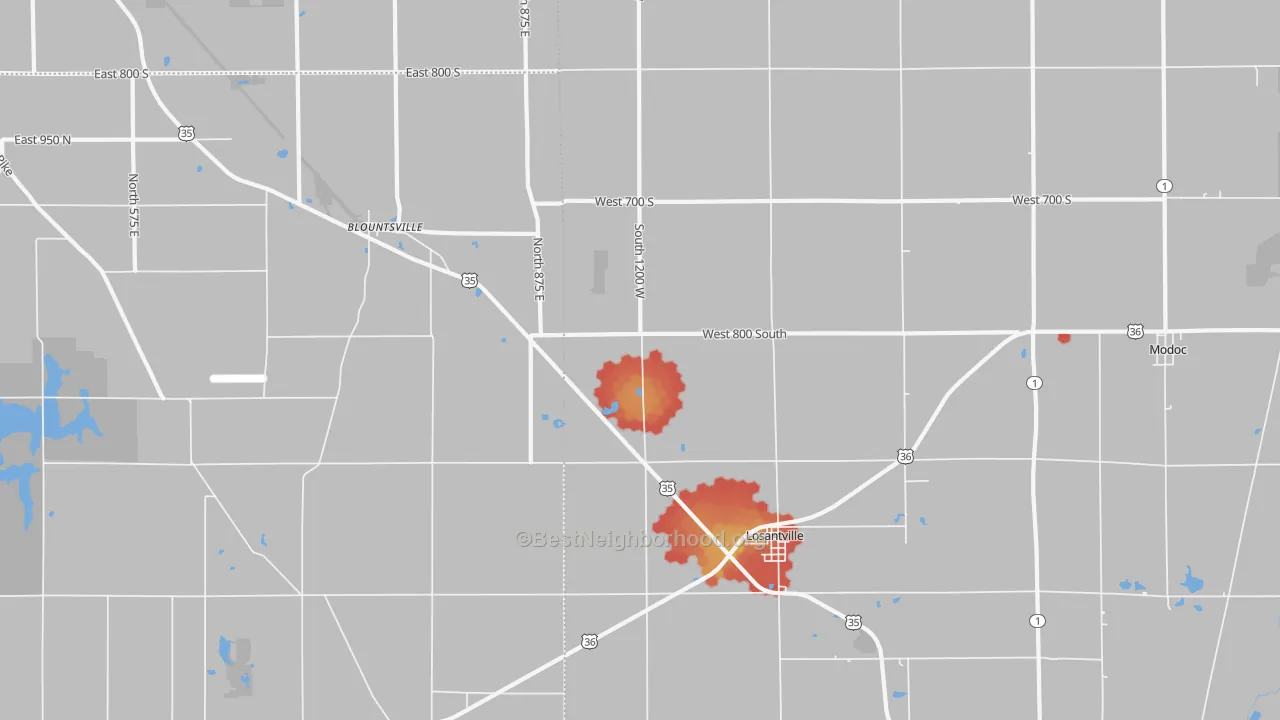 Walk Grade map of Losantville, IN, walkable areas in green and car-dependent areas in red