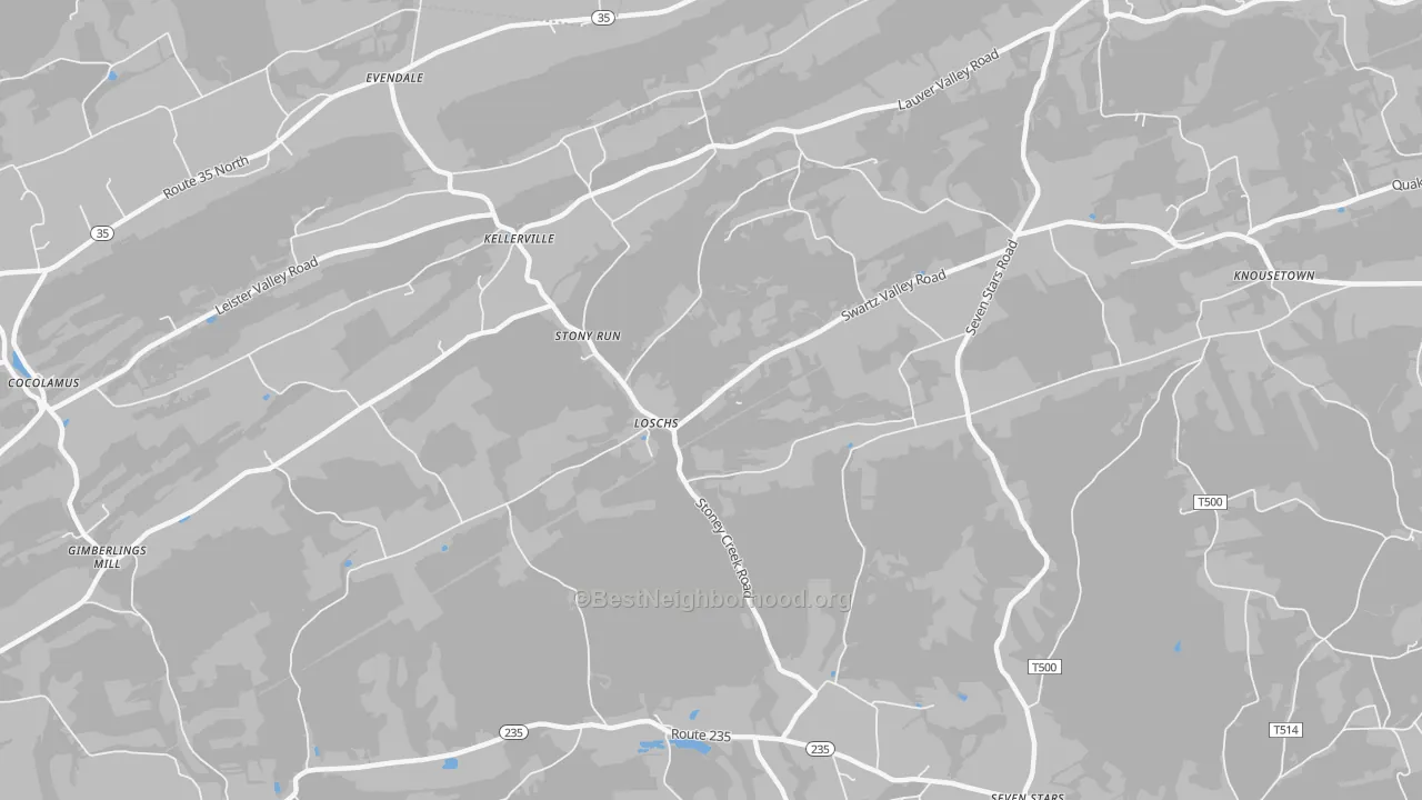 Walk Grade map of Loschs, PA, walkable areas in green and car-dependent areas in red