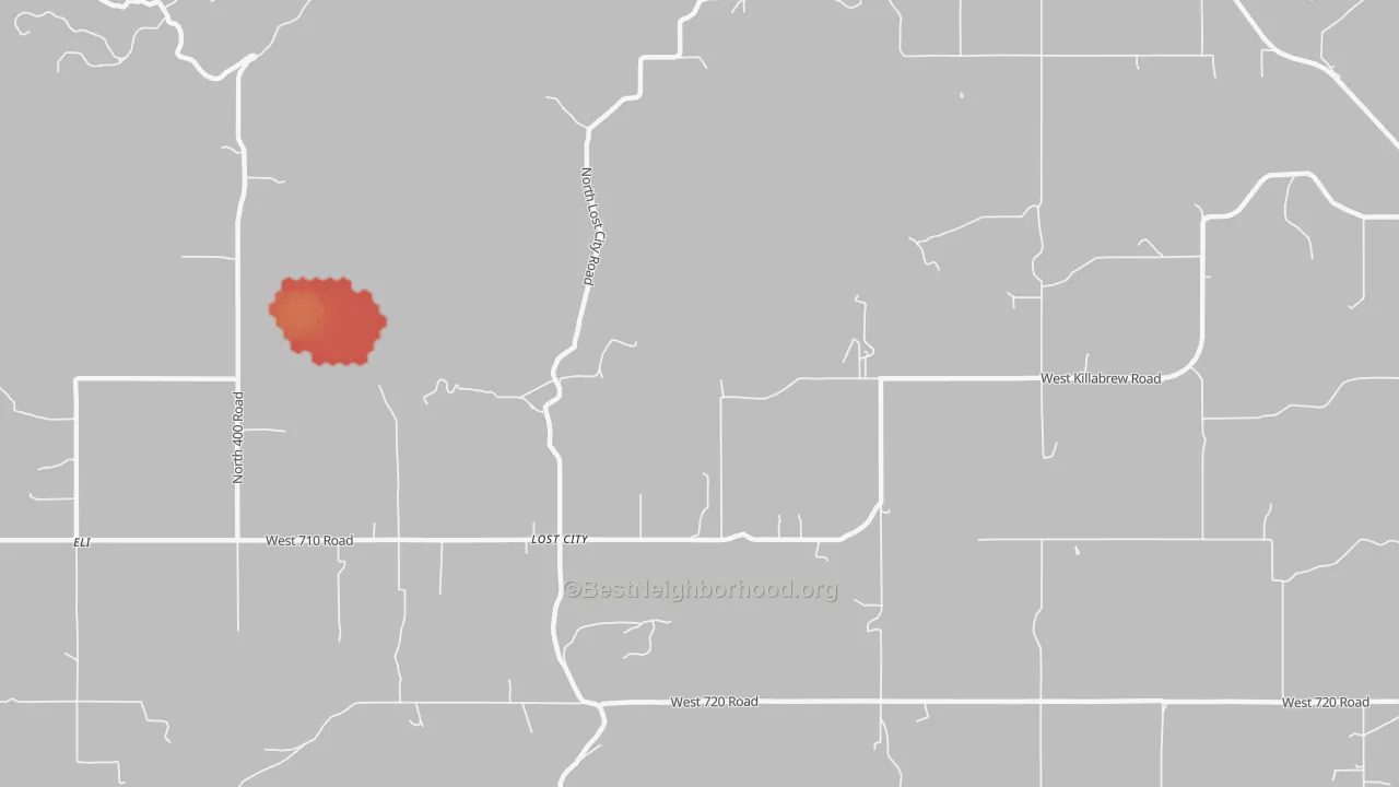 Walk Grade map of Lost City, OK, walkable areas in green and car-dependent areas in red
