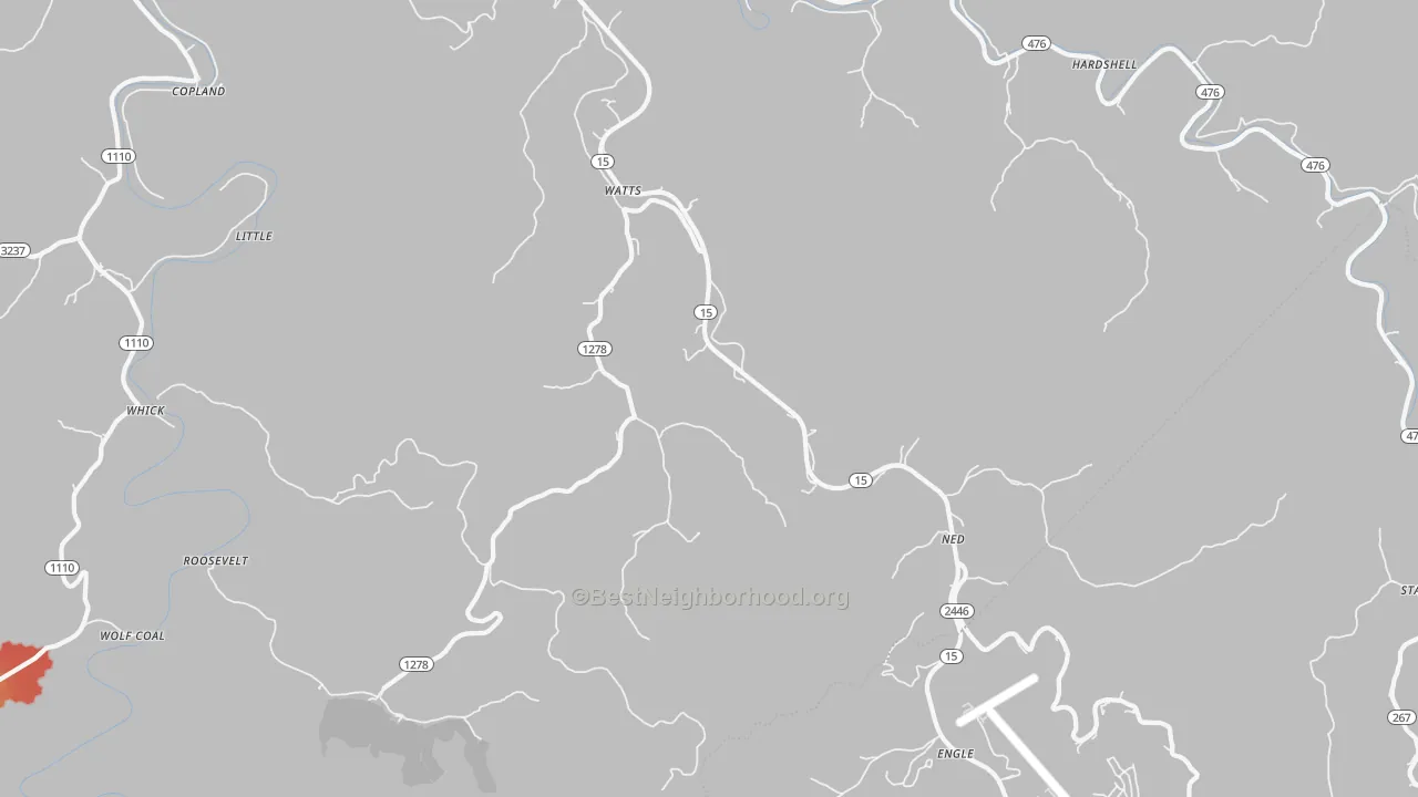 Walk Grade map of Lost Creek, KY, walkable areas in green and car-dependent areas in red