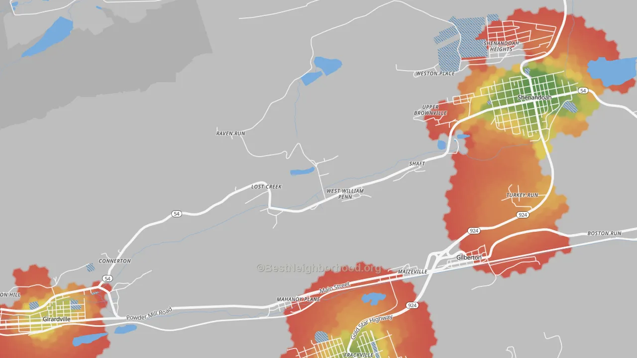 Walk Grade map of Lost Creek, PA, walkable areas in green and car-dependent areas in red