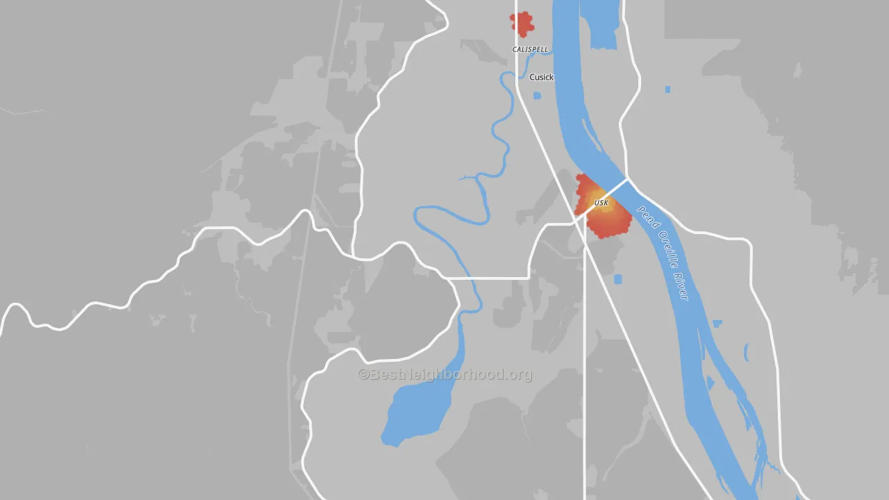Walk Grade map of Lost Creek, WA, walkable areas in green and car-dependent areas in red