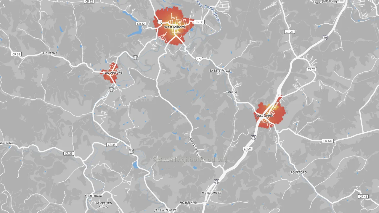 Walk Grade map of Lost Creek, WV, walkable areas in green and car-dependent areas in red