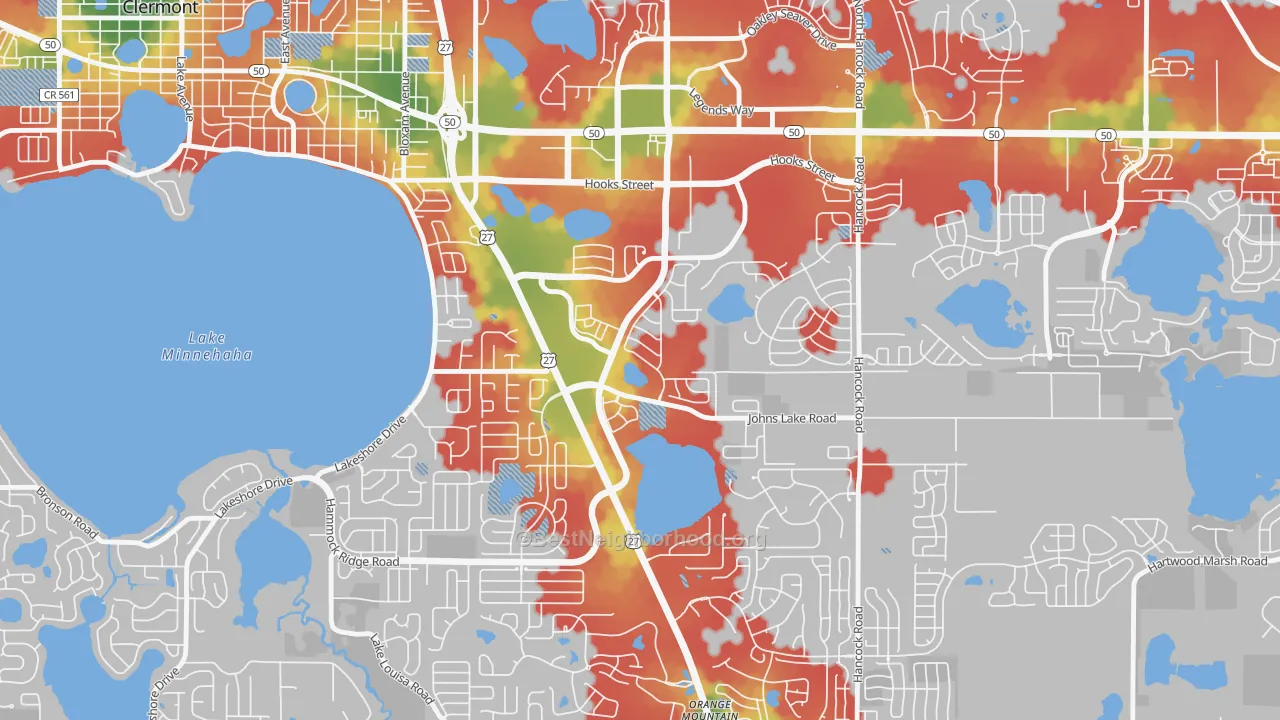 Walk Grade map of Lost Lake, Clermont, FL, walkable areas in green and car-dependent areas in red