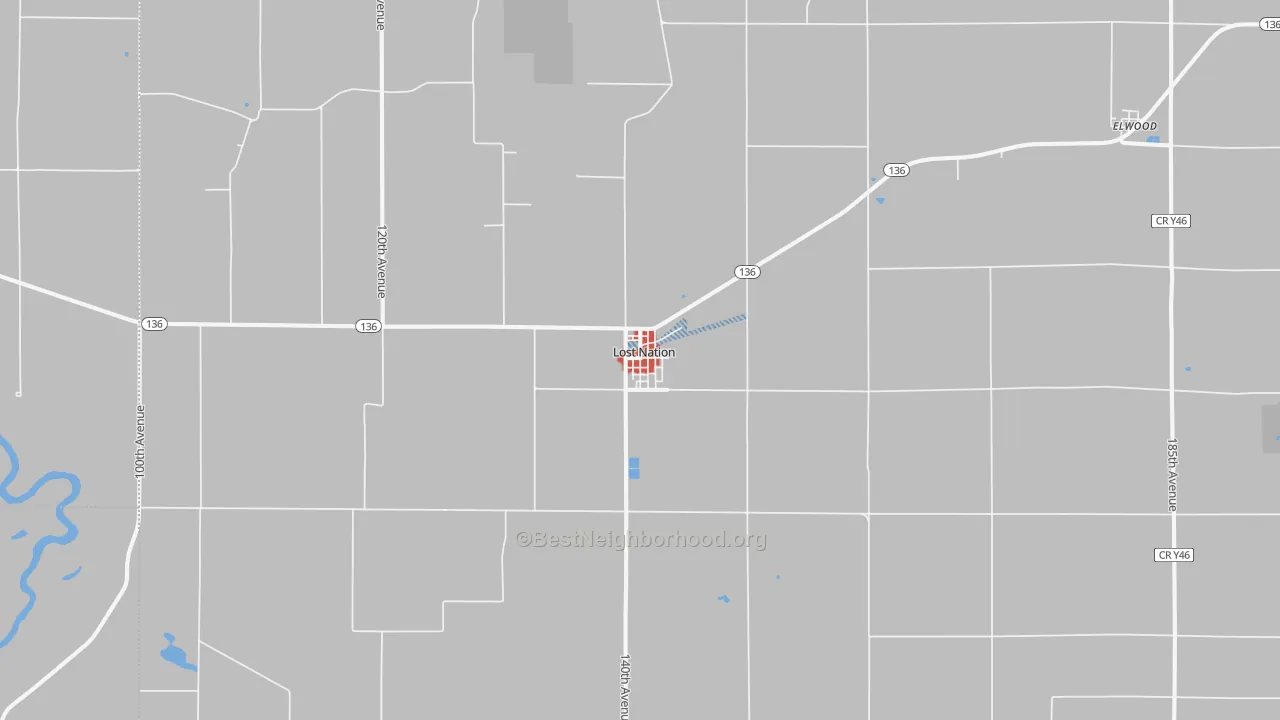 Walk Grade map of Lost Nation, IA, walkable areas in green and car-dependent areas in red