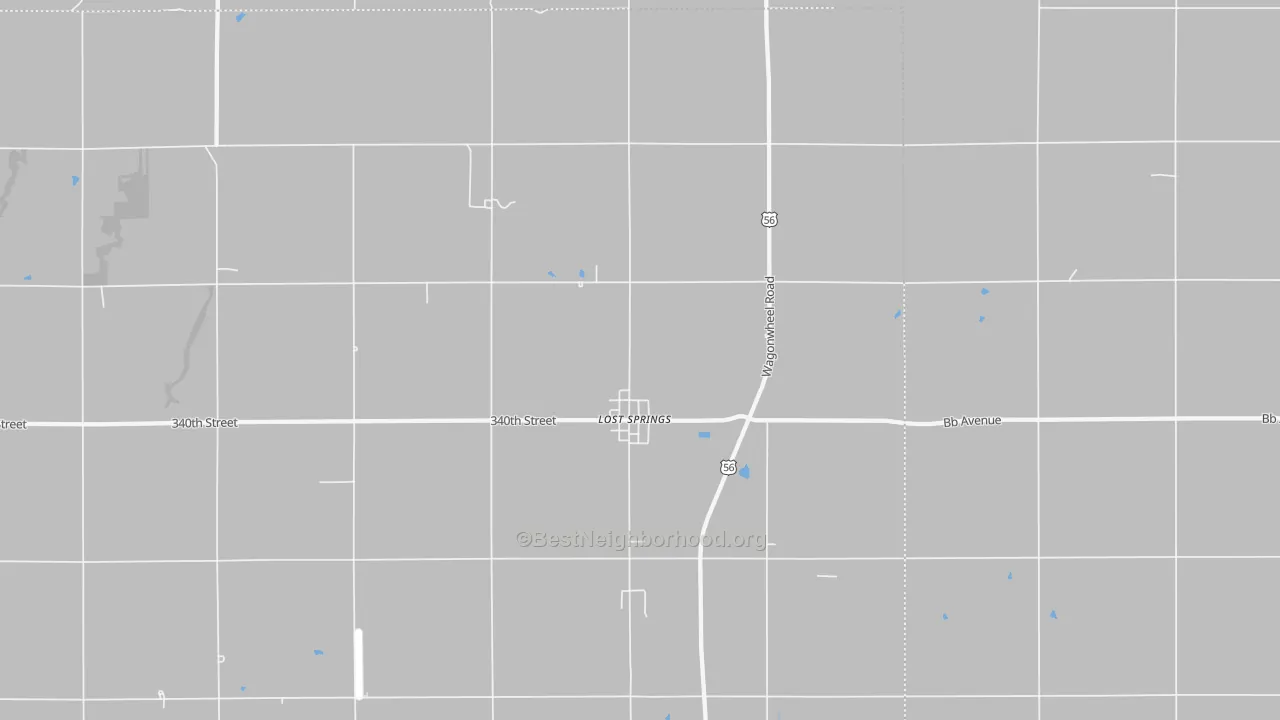 Walk Grade map of Lost Springs, KS, walkable areas in green and car-dependent areas in red