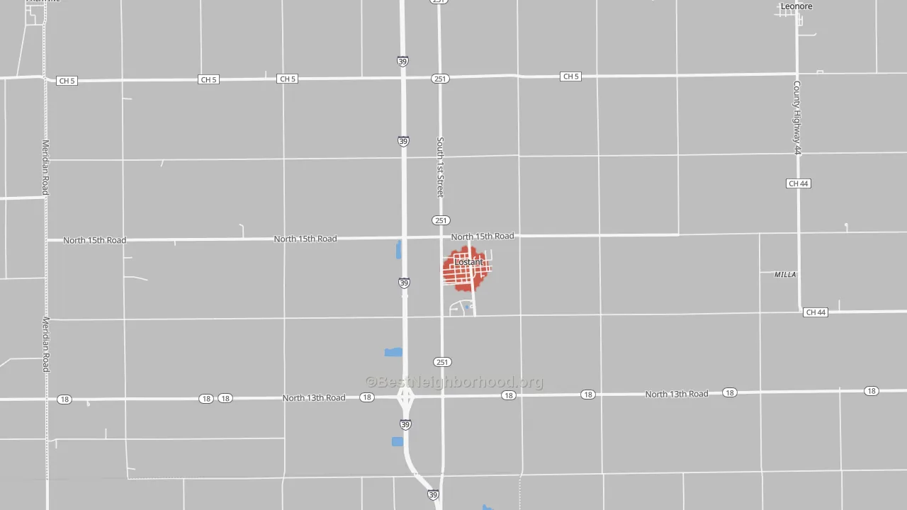 Walk Grade map of Lostant, IL, walkable areas in green and car-dependent areas in red