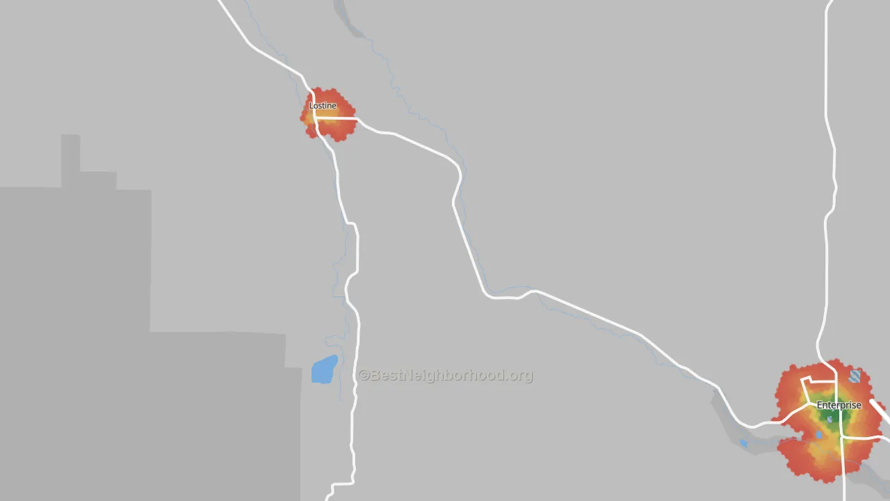 Walk Grade map of Lostine, OR, walkable areas in green and car-dependent areas in red