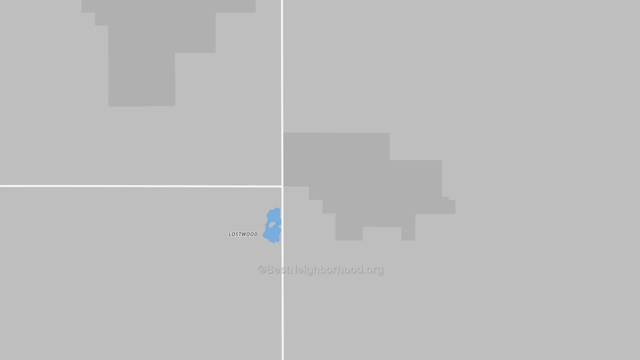 Walk Grade map of Lostwood, ND, walkable areas in green and car-dependent areas in red