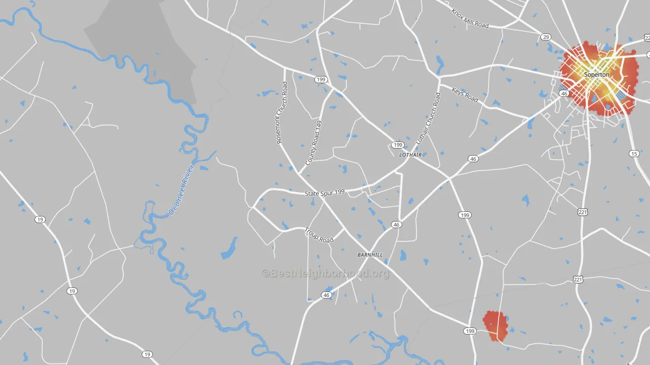 Walk Grade map of Lothair, GA, walkable areas in green and car-dependent areas in red