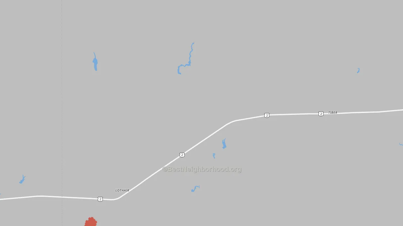Walk Grade map of Lothair, MT, walkable areas in green and car-dependent areas in red