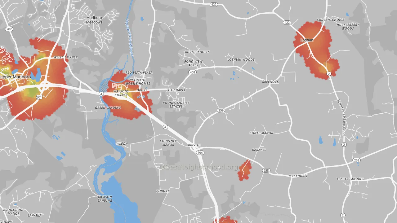 Walk Grade map of Lothian, MD, walkable areas in green and car-dependent areas in red