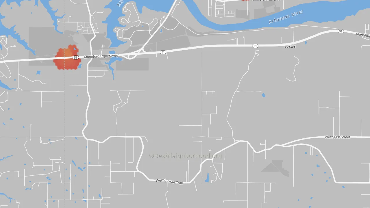 Walk Grade map of Lotsee, OK, walkable areas in green and car-dependent areas in red