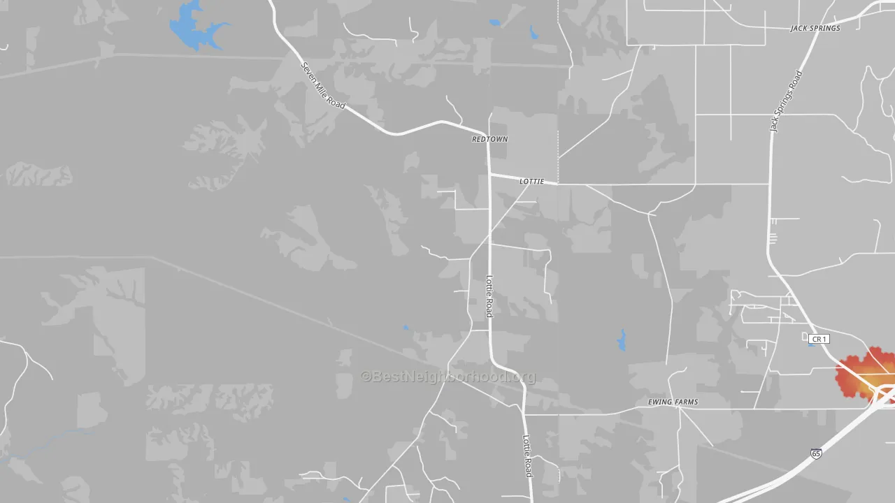 Walk Grade map of Lottie, AL, walkable areas in green and car-dependent areas in red
