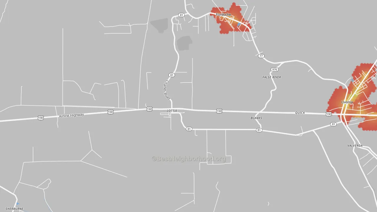 Walk Grade map of Lottie, LA, walkable areas in green and car-dependent areas in red