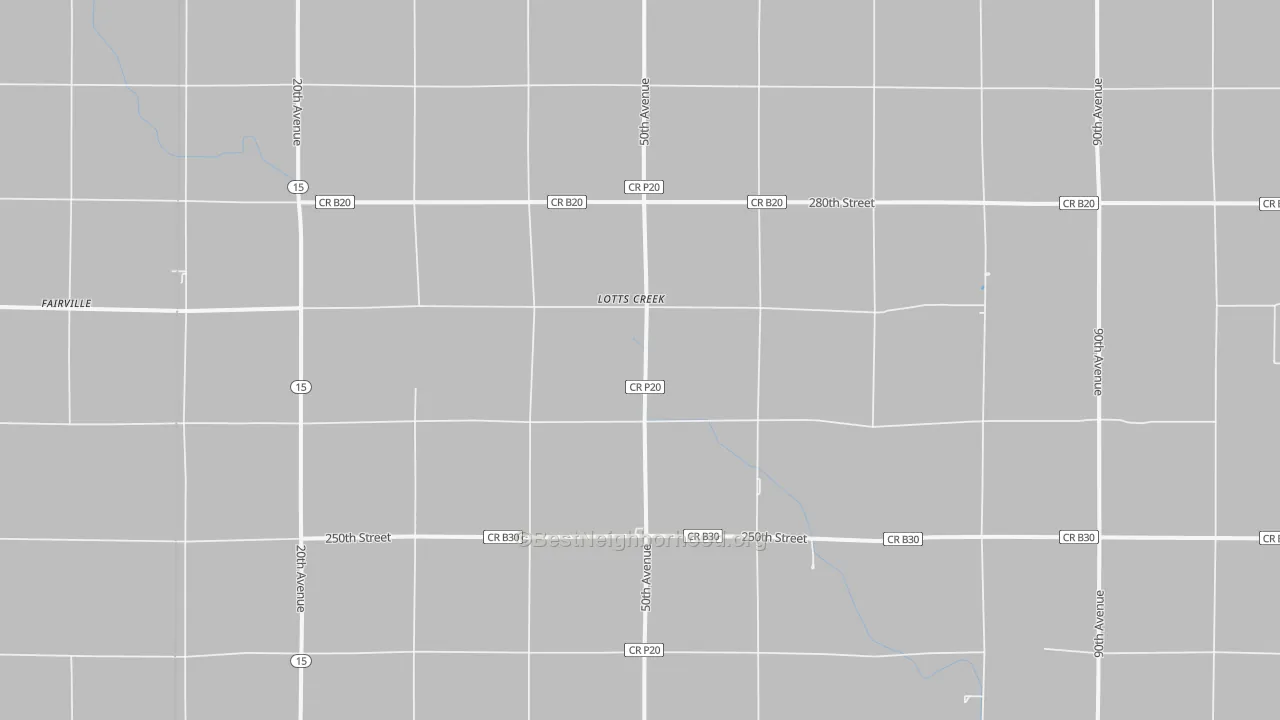 Walk Grade map of Lotts Creek, IA, walkable areas in green and car-dependent areas in red