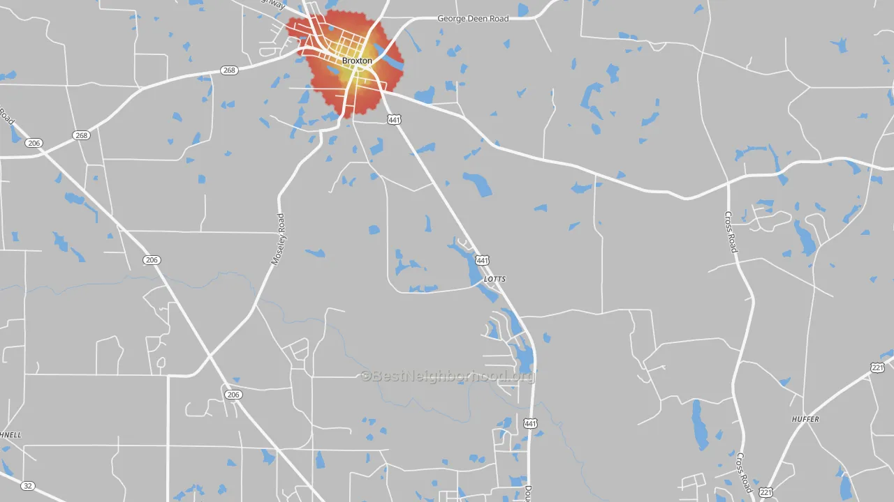 Walk Grade map of Lotts, GA, walkable areas in green and car-dependent areas in red