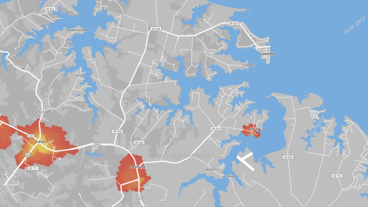 Walk Grade map of Lottsburg, VA, walkable areas in green and car-dependent areas in red