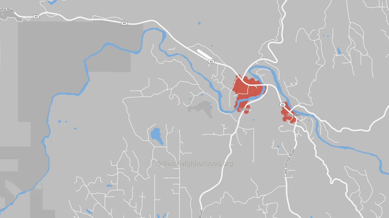 Walk Grade map of Lotus, CA, walkable areas in green and car-dependent areas in red
