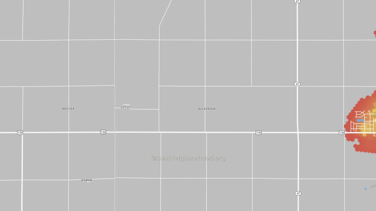 Walk Grade map of Lotus, IL, walkable areas in green and car-dependent areas in red