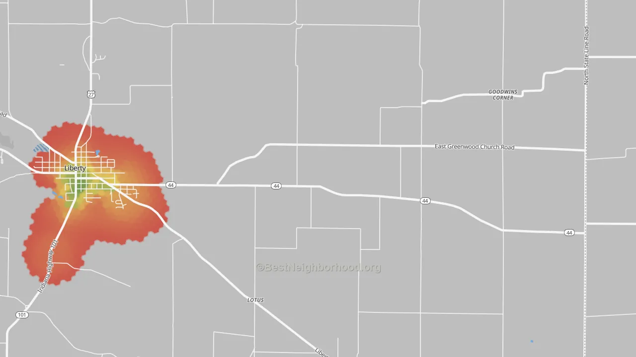 Walk Grade map of Lotus, IN, walkable areas in green and car-dependent areas in red