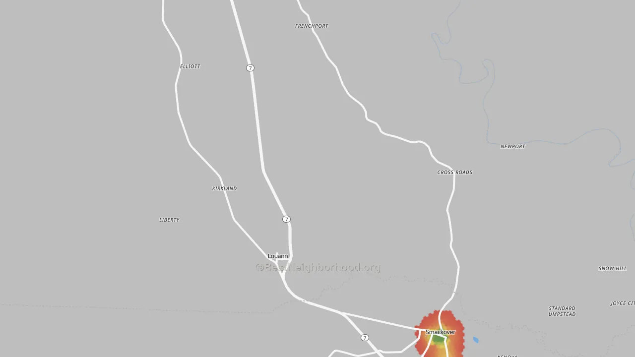Walk Grade map of Louann, AR, walkable areas in green and car-dependent areas in red