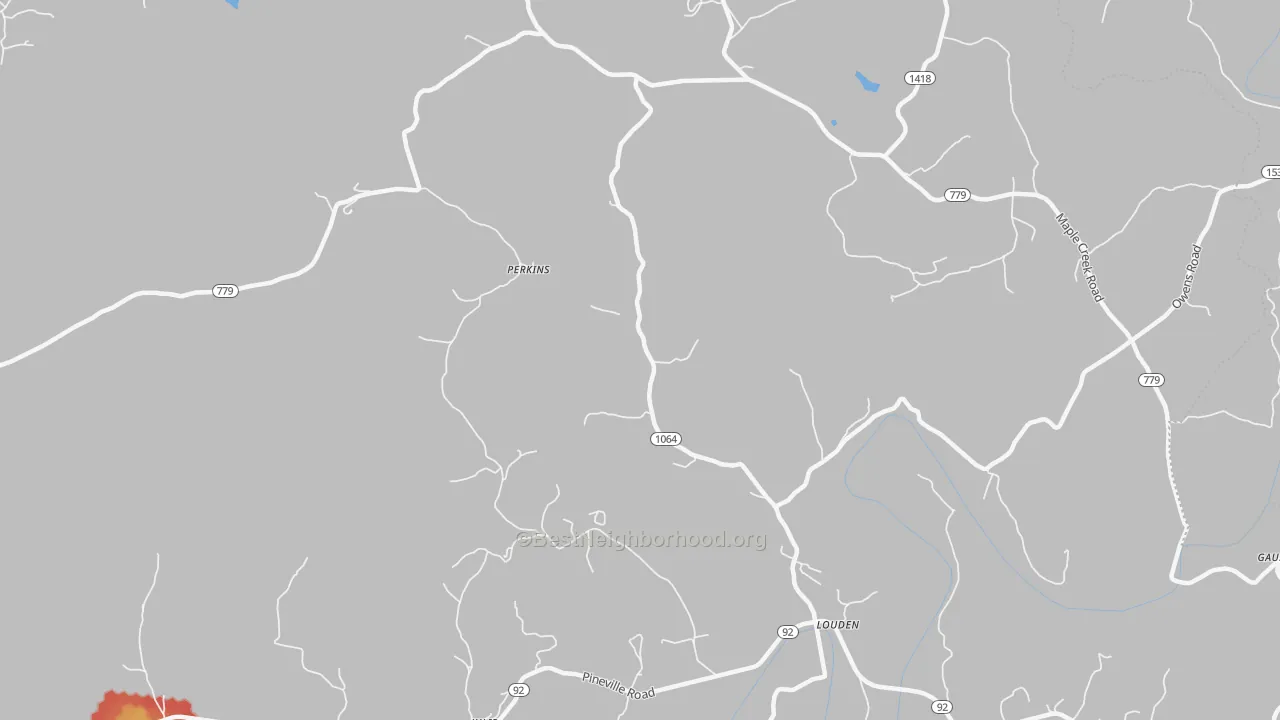 Walk Grade map of Louden, KY, walkable areas in green and car-dependent areas in red