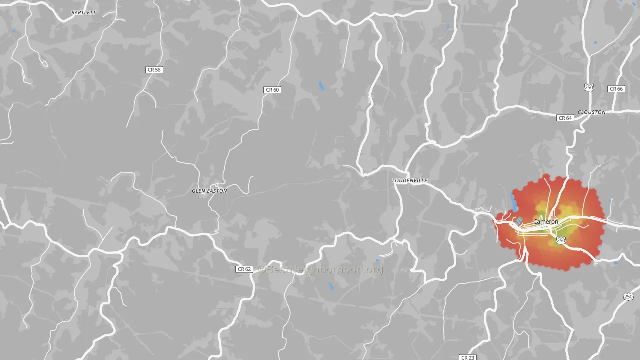 Walk Grade map of Loudenville, WV, walkable areas in green and car-dependent areas in red