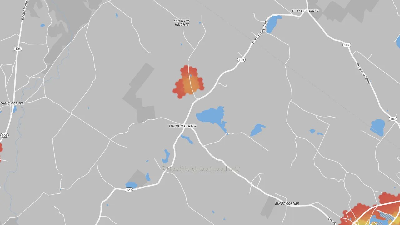 Walk Grade map of Loudon Center, NH, walkable areas in green and car-dependent areas in red