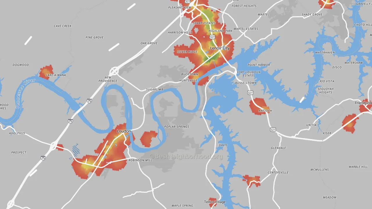 Walk Grade map of Loudon County, TN, walkable areas in green and car-dependent areas in red