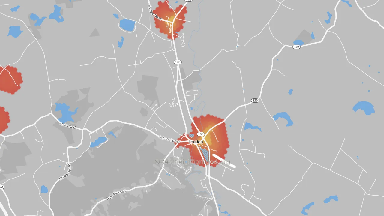 Walk Grade map of Loudon, NH, walkable areas in green and car-dependent areas in red