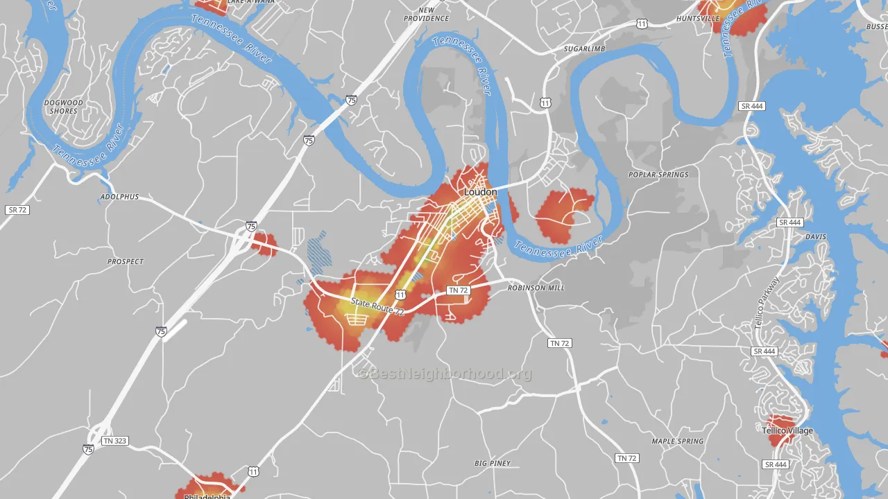Walk Grade map of Loudon, TN, walkable areas in green and car-dependent areas in red