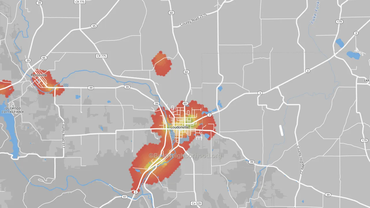 Walk Grade map of Loudonville, OH, walkable areas in green and car-dependent areas in red