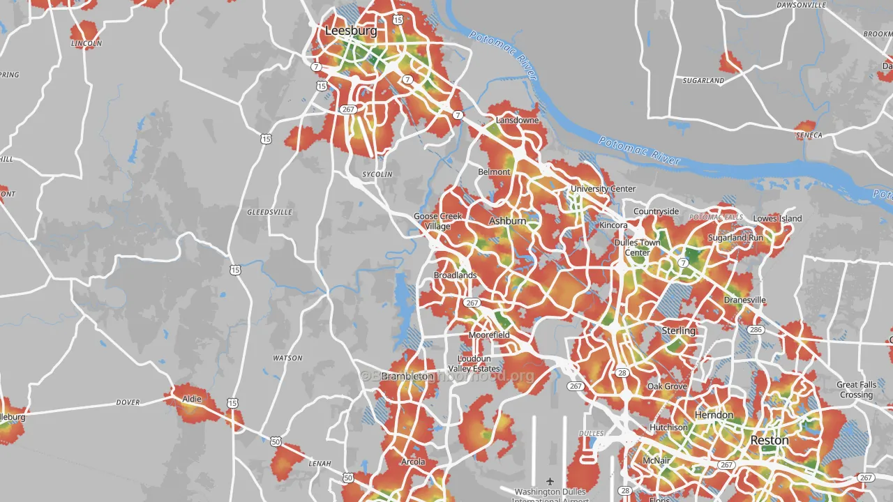 Walk Grade map of Loudoun County, VA, walkable areas in green and car-dependent areas in red
