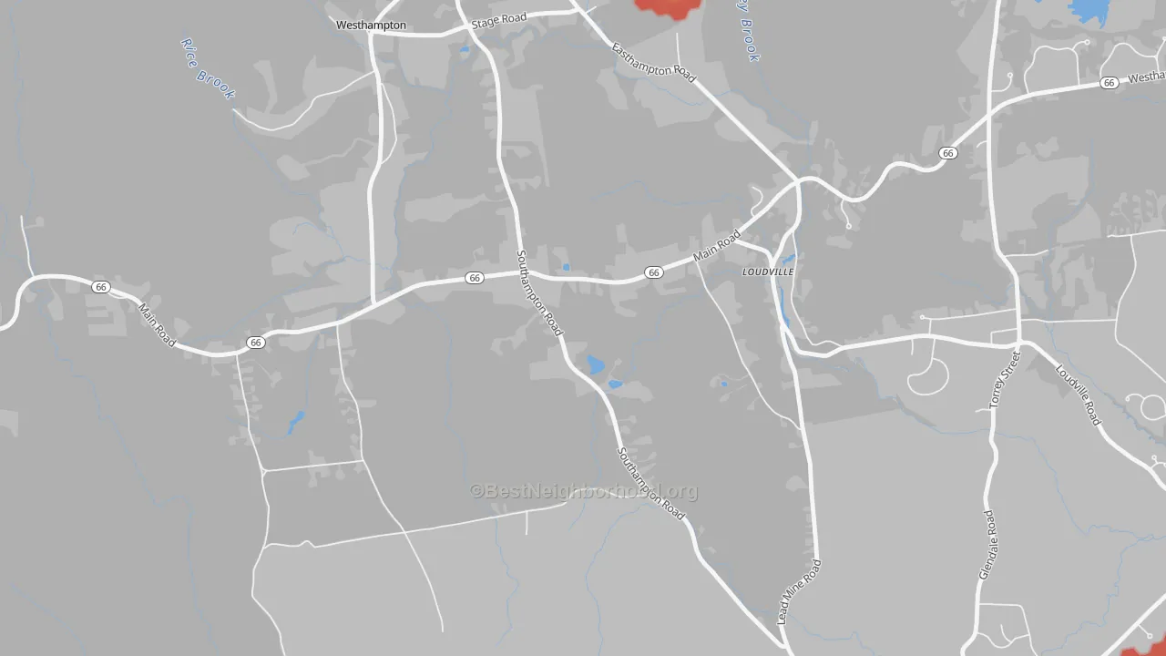 Walk Grade map of Loudville, MA, walkable areas in green and car-dependent areas in red