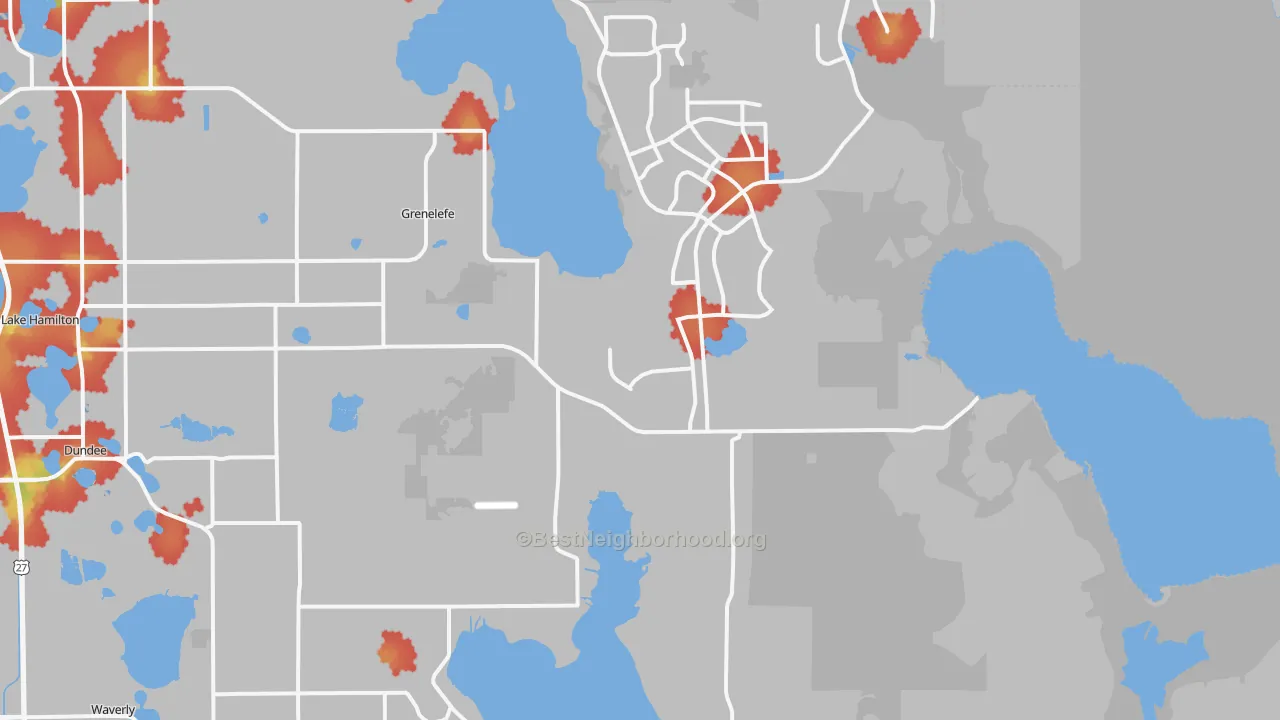 Walk Grade map of Loughman, FL, walkable areas in green and car-dependent areas in red