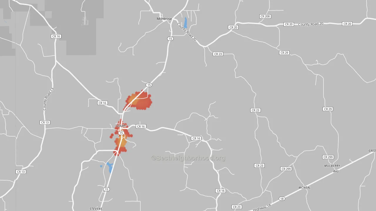 Walk Grade map of Louin, MS, walkable areas in green and car-dependent areas in red