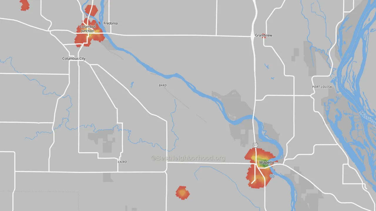 Walk Grade map of Louisa County, IA, walkable areas in green and car-dependent areas in red