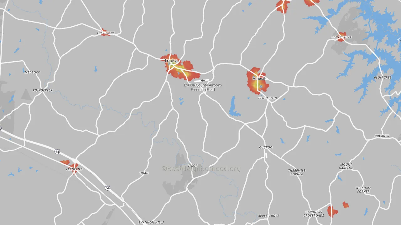 Walk Grade map of Louisa County, VA, walkable areas in green and car-dependent areas in red